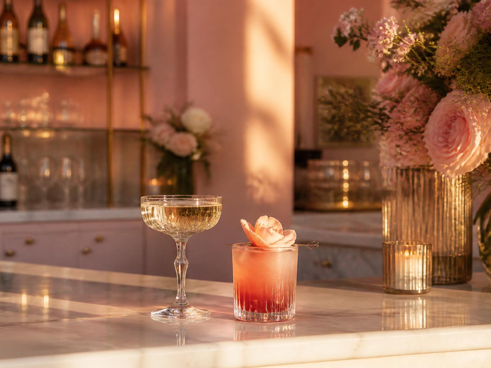 Champagne coupe and cocktail at the salon beverage bar